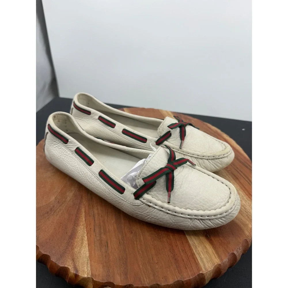Gucci Driving Loafers men’s 9.5 White Leather Web Stripe Bow Slip On Shoes
